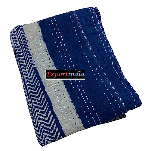 Exportindia Indian Indigo Blue Kantha Hand Block Print 100% Cotton Quilt Rare Indigo (King/Queen Size 90x108 Inch)