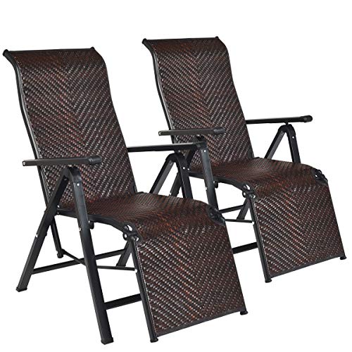 Tangkula 2 Pcs Folding Reclining Rattan Chair, Portable Chaise Lounge Chair w/Adjustable Positions