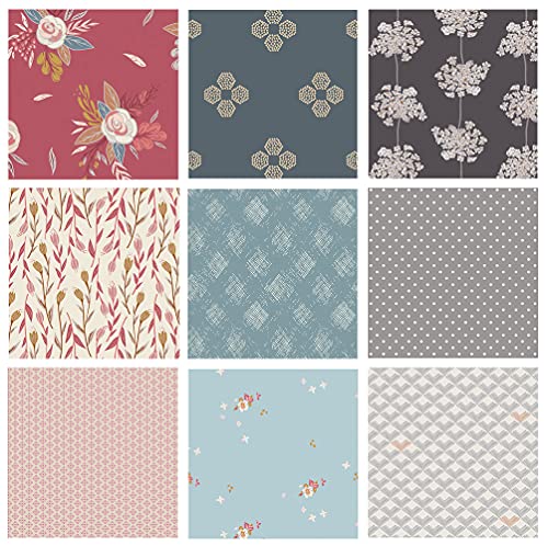 Attic Finds Curated Bundle | Little Clementine by Art Gallery Fabrics | Red Blue Gray Floral Fat Quarters | Modern Printed Quilt Fabrics | Traditional Colors (Fat Quarters)