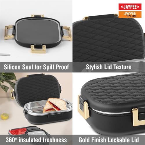 Image of JAYPEE Lux PU Insulated Stainless Steel Lunch Box for School Kids|Airtight Leakproof Lunch Box for Kids Boys & Girls |Unique Design 100% Food Grade |Lunch Box for Office use,580 ml, Black