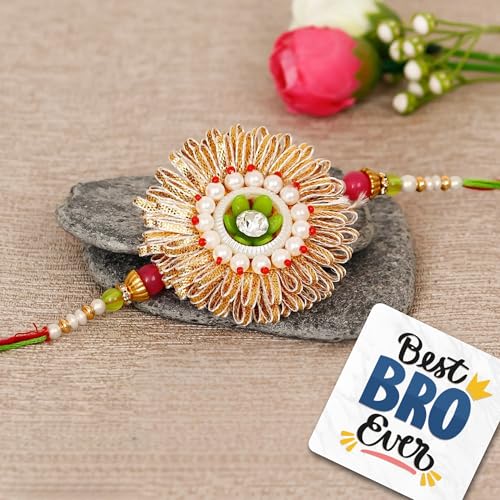 Image of eCraftIndia Pearl Designer Rakhi for Brother with Best Bro Ever Fridge Magnet and Roli Chawal Pack
