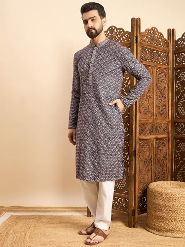 Image of Amazon Brand - Tavasya Men Rayon Geometric Embroidered Mandarin Collar Straight Kurta