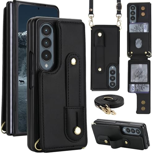 Étui portefeuille Samsung Z Fold 4 5G Asuwish avec porte-cartes et dragonne en cuir noir
