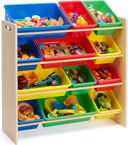 Image of Snazzy Primary Kids' Toy Storage Organizer with 12 Plastic Bins, (Beige)