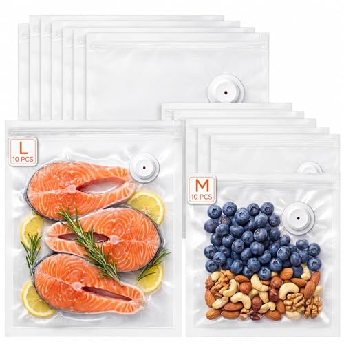Image of FEPPO Reusable Vacuum Sealer Bags for Food, 20 PCS (10 Medium 8.3 inchx8.7 inch + 10 Large 10.2 inchx11 inch) BPA-Free Food Storage Bags with Air Valve, Leak-Proof & Odor-Resistant for Freshness Preservation
