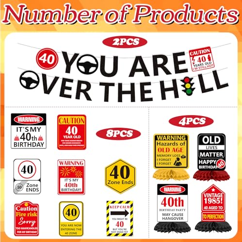 Image of 40th Birthday Decorations for Men Women - 14PCS Over the Hill 40 Birthday Banners Hanging Swirls Honeycomb Centerpieces Party Decor, Waring Traffic Road Sign Forty Years Old Bday Supplies