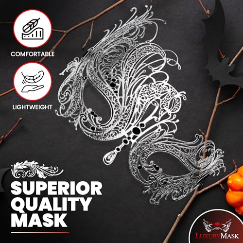 Image of Metal Filigree Masquerade Mask for Women - Swan Style Mask with Rhinestones for Mardi Gras, Prom, Halloween & Venetian Party