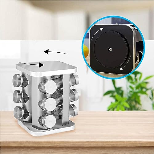 Image of Bigkart Revolving Stainless Steel Spice Rack | Seasonings & Spices Storage Organizer | Set of 12 Jars - Glass & Stainless Steel (Circle)