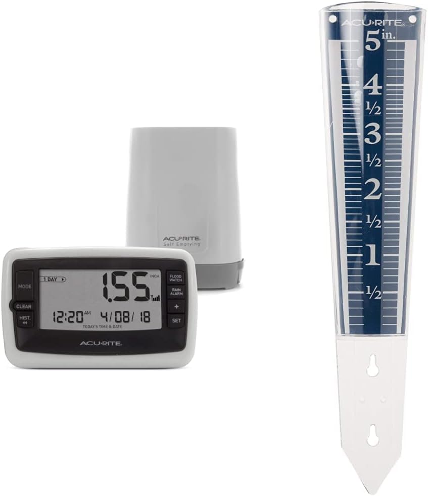 AcuRite Wireless Digital Rain Gauge with Self-Emptying Collector with Rainfall History (00899), Multicolor & 5" Capacity Easy-to-Read Magnifying Acrylic, Blue (00850A2) Rain Gauge