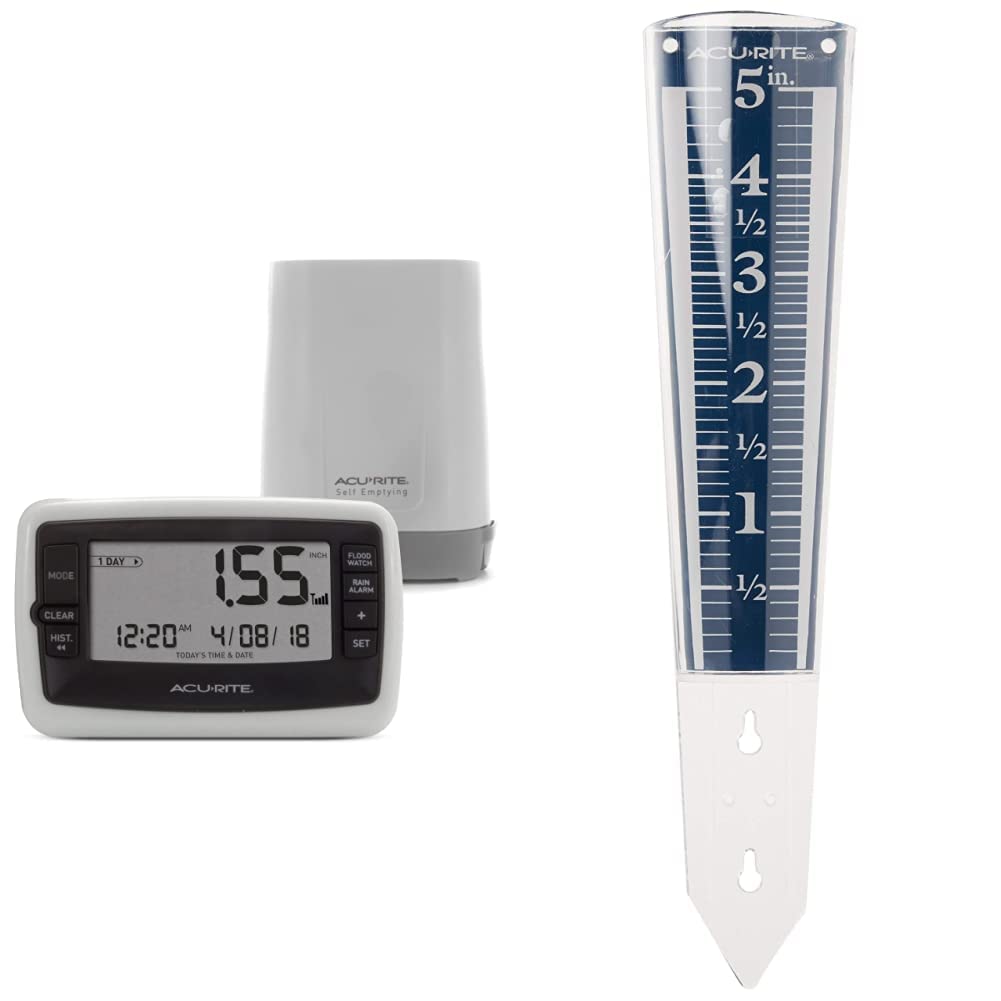 Photo 1 of AcuRite Wireless Digital Rain Gauge with Self-Emptying Collector with Rainfall History (00899), Multicolor & 5" Capacity Easy-to-Read Magnifying Acrylic, Blue (00850A2) Rain Gauge