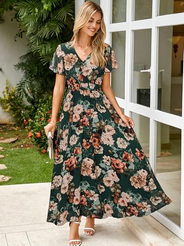 Image of Simplee Womens Floral Maxi Dress - Short Sleeve Summer Boho Wedding Guest Dress Empire Waist Chiffon Modest Midi Dresses
