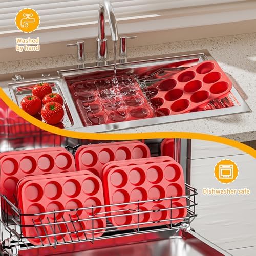 Bangp 12-Cup Silicone Muffin Pan with Metal Reinforced Frame,2 Pack Regular Size Cupcake Pan,Premium Non-Stick Bend Resistance Silicone Molds for Making Muffin,Cakes,Tart,Egg Bites (Red) - Thumbnail 5