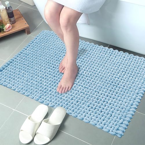 Image of SANMARINO Non Slip Chenille Bath Mat, Extra Soft Bathroom Mat, Super Absorbent Fluffy Bath Mats for Bathroom, Machine-Washable Quick Dry Bath Rug Foot Mat, 16 inchx24 inch, Blue