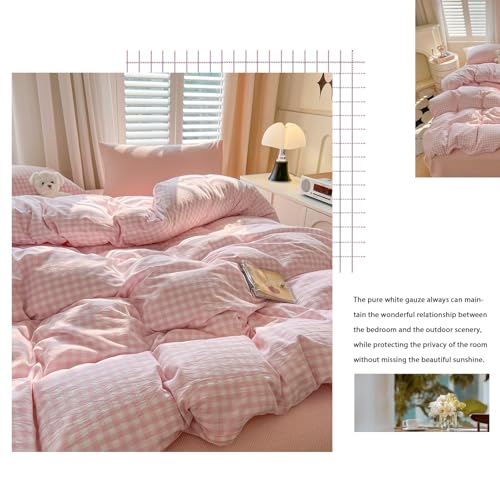 Image of VM VOUGEMARKET Pink Gingham Duvet Cover Set for Girls, Queen Size | Soft Washed Cotton, Duvet Cover Includes Pillowcases, Aesthetic Plaid Design, For Teen Girls & Students, Bedroom Dorm Decor