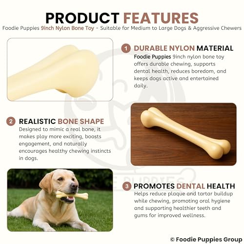 Image of Foodie Puppies Dog Nylon Hard Chew 9inch Bone Toy for Adult Dogs, Dogs Toy, Aggressive Chewers Teething Toys, Suitable for Large and Medium Dog (1 Piece) (9inch Bone)