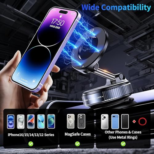 Image of CLOUDVALLEY 2026 Upgraded Vacuum Ultra Suction Magnetic Phone Holder, 98LBS Strongest Suction & 2600gf Magnetic for Magsafe Car Mount, 360 Adjustable Foldable Holders for Your Car for All Smartphones