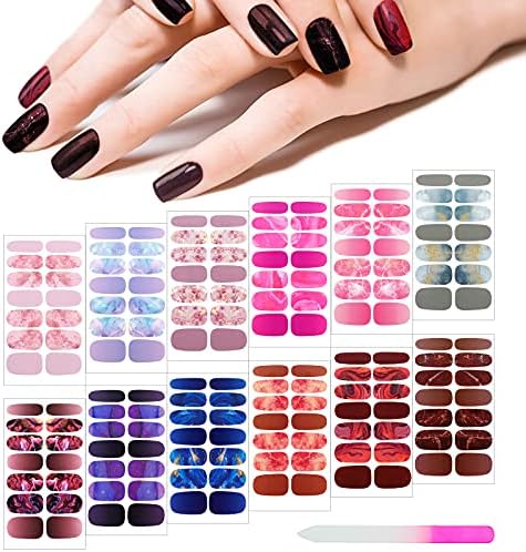 168 Pieces 12 Sheets Gradient Marble Full Nail Stickers Marble Printed Full Wrap Nail Stickers Self Adhesive Nail Decal Strips with Nail File for Women Girls DIY Nail Craft ()