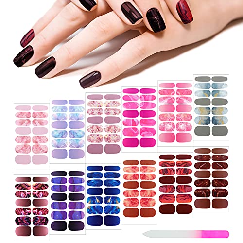 Maitys 168 Pcs 12 Sheets Full Wrap Nail Stickers Polish Strips Gradient Stickers Glitter Self Adhesive DIY Gel Nail Strips Decals with Fingernail Files for Women Holiday Decor(Lovely Style)