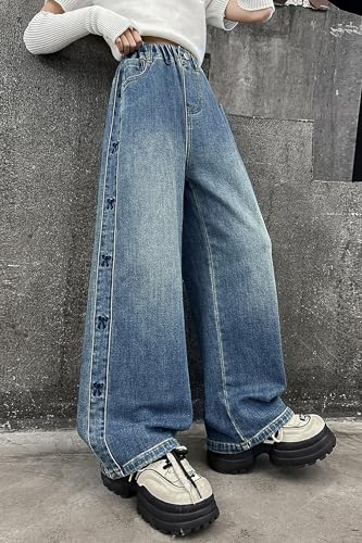 Rolanko Girls Baggy Jeans Distressed Denim Pants Elastic Waist Wide Leg Jeans for Girls Kids Loose Fit 4-14 Years3