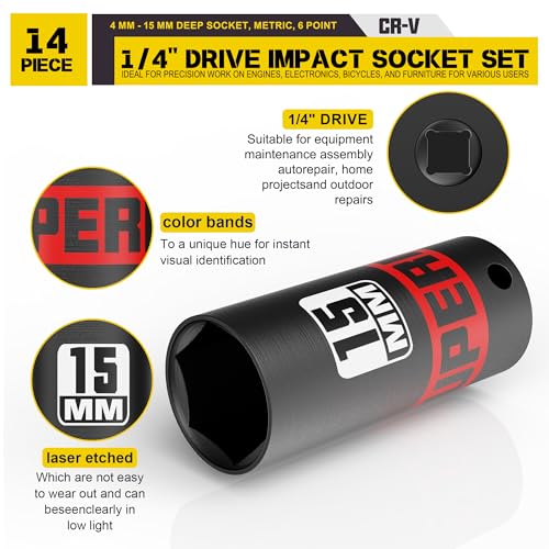 Image of 14 Piece 1 /4 inch Drive Impact Socket Set, 4 mm - 15 mm Deep Socket, Metric, 6 Point, CR-V, Auto Repair Bicycle Maintenance and Furniture Assembly
