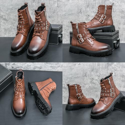 Image of Men's Black Leather Platform Ankle Boots Lace up Side Zip Adjustable Buckle Lug sole Non-Slip Combat Booties Fashion Punk Motorcycle Boots