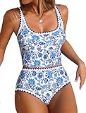 ZAFUL Tankini Swimsuit Tummy Control Bathing Suits Two Piece Swim Top with High Waisted Bottom Shell Stitch Swim Suits 2025 Blue Floral XL