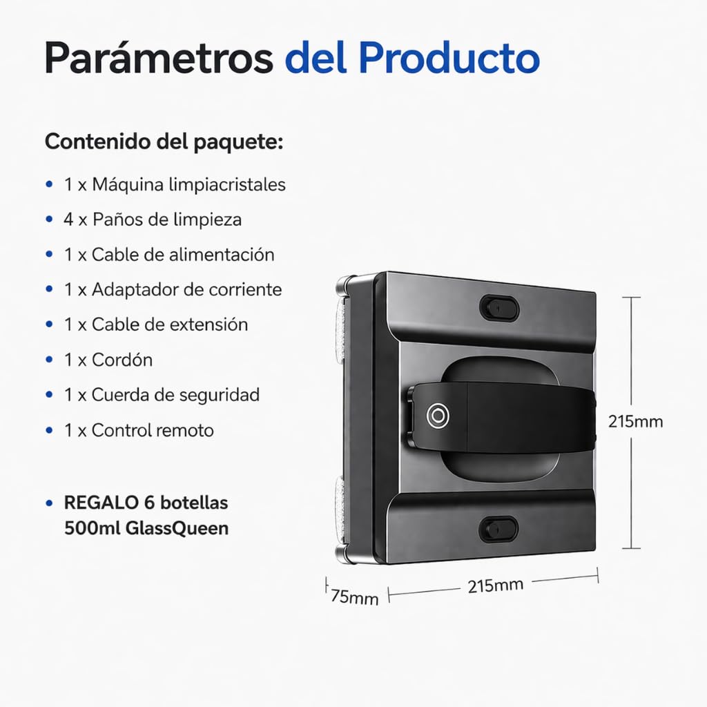 Robot Limpiacristales Automático con 4 Boquillas Pulverizadoras + Pack Regalo 6 Limpiacristales Kiehl GlasQueen– Doble Depósito, Limpieza de Ventanas, Espejos y Azulejos, Mando o App, Anti-Caídas