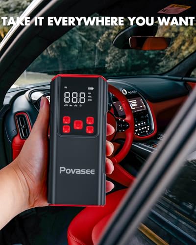 Tire Inflator Portable Air Compressor Povasee 150PSI Portable Air Pump for Car Tires Portable Air Compressor with LCD Display,Flashlight, 2X Tire Pump Faster suit for Cars Bikes Motorcycle Ball - Thumbnail 4