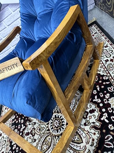 Image of CRAFTCITY Sheesham Wood Elegant Chair with Pillow and Matching Foot Stool /Living Room Chair /Rose Wood Rocking Chair,Pre-Assembled (Blue 2, Rocking Chair with Ottoman)