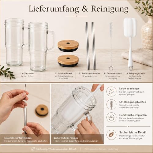 ALINK Glasbecher mit Henkel 2er Set, 24 oz / 710 ml Trinkgläser mit Bambusdeckel, 12 mm Edelstahl Strohhalm & Bürste, für Eiskaffee… – Ansicht 2