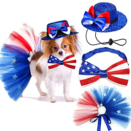 4Th Of July Dog Costume American Flag Bowtie Collar Pet Top Hat Mesh Tutu Skirt 3Pcs Patriotic Party Outfit Independence Day Dress Supplies For Dogs Cats Puppy Decorations (Red Blue White, One Size) #TOP15