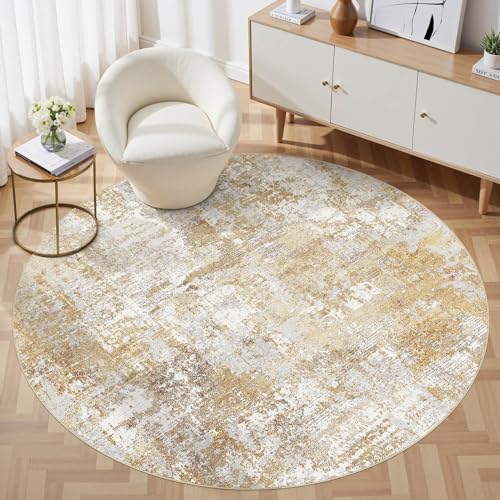 Tortania Washable 5' Round Area Rug for Living Room: Modern Abstract Neutral Large So' Thin Rugs - Non Slip Indoor Carpet for Bedroom Dining Room Office Nursery Home Floor Decoration - Brown Grey