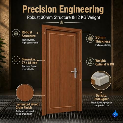 Image of PVC Door with Frame, 30 mm Thick, 27 x 81 Inches (2.25 x 6.75 ft), Wooden Brown Color, Waterproof, Termite Resistant, 550 Density, 12 kg