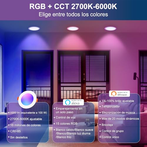 DUSKTEC Downlight LED Techo Empotrable RGB & Blanco Frío a Cálido 2700K-6000K, Foco Empotrable LED Techo Regulable Inteligente, Ojos de Buey LED Multicolor 10W 1000Lm, Compatible Alexa Echo, Pack de 4 - imagen 3
