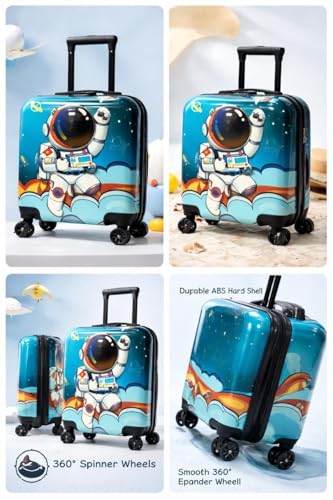 Image of Kids Carry On Luggage with Wheels 18 Inch Hard Shell Suitcase for Boys and Girls | Rolling Travel Bag with Retractable Handle and Spinner Wheels for Trips (Blue SP@CE )