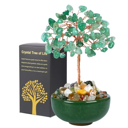 Green Aventurine Crystal Tree of Life with Ceramic Bowl Base 5 Inch Feng Shui Money Tree for Wealth & Prosperity Bonsai Tree for Home Office Desk Decor Spiritual Reiki Healing Gift
