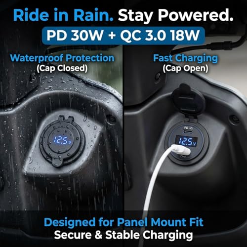 Image of SARTE Bike Mobile Charger USB Fast Charging Waterproof 12V /24V Motorcycle & Scooty Charger with LED Voltage Display Type-C PD + QC3.0 Dual Port