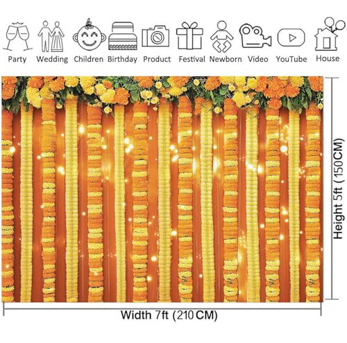 Image of 7x5FT Indian Pooja Backdrop, Yellow Flowers Curtain Traditional Chatiya Navratri Ganpati Ganesh Marigold Photography Background, Festival Wedding Party Decoration