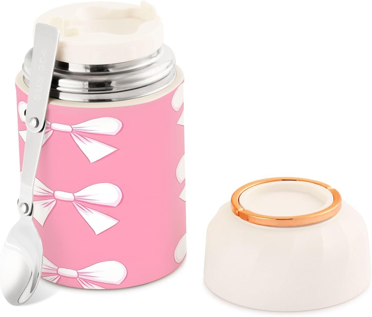 YETTASBIN Tarro de comida de acero inoxidable con aislamiento al vacío de 17 oz para niños y adultos, lindo lazo rosa a prueba de fugas, sopa de boca ancha, recipiente térmico para almuerzo y fruta con cuchara plegable para alimentos fríos y calientes