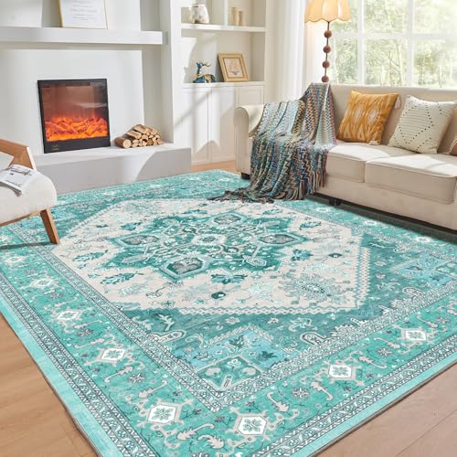 OPPODREAM Soft 10x14 Area Rugs, Washable Rugs 10x14 with Non Slip Backing, Low-Pile Faux Cashmere 10 x 14 Carpet, Teal & Turquoise & Cream