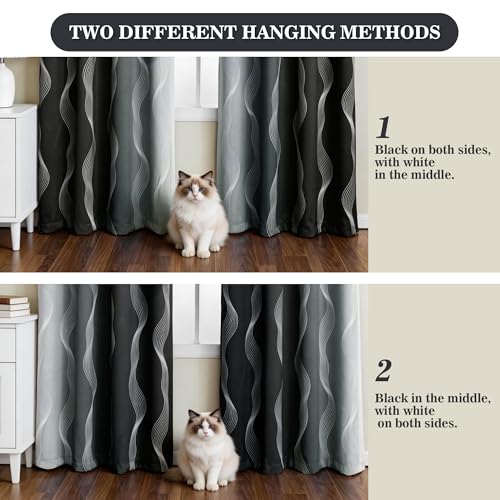 Image of MYSKY HOME Black and Greyish White 95% Blackout Ombre Curtains 96 inch Long 2 Panels Set for Living /Dining Room Geometric Patterned Black Out Thermal Insulated Grommet Drapes, 52 inch W Each Panel