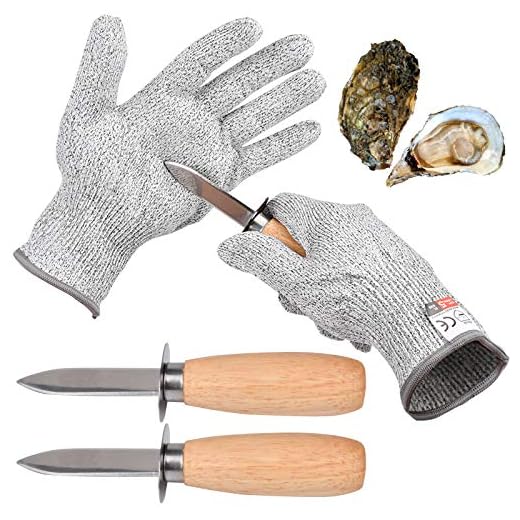 Oyster Shucking 4 Pieces Set-Oyster Shucker Opener Tool Oyster Shucking Knife with Level 5 Protection Food Grade Cut Resistant Gloves, XL