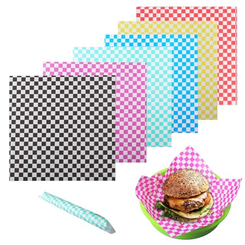300 Pcs Waxed Deli Paper Sheets 12×12 Inches,Checkered Food Basket Liners for Sandwiches,Grease Resistant Sandiwch Wrapping Paper,Festive Design Deli Wrap Wax Paper Sheets for Party Fair Outdoors