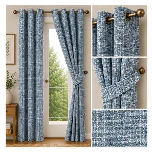 Image of Premium Faux Linen Curtain with Eyelets & Tie-Back | Modern Textured Light Filtering Door & Window Curtain for Home & Office | Washable, Durable & Easy to Maintain | Teal, Window - 5 ft
