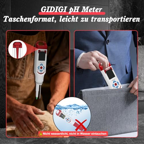 pH Messgerät für Lebensmittel zur Fermentation mit pH-Kalibrierungskits, Farbdisplay, Speerspitze, pH-Lebensmitteltester mit ATC für Kosmetika, Sauerteig, professionelle pH-Teststreifen