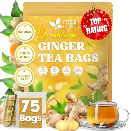 Image of 75 Ginger Tea Bags, 100% Natural & Pure from Ginger. Ginger Herbal Tea. Ginger Root Tea. No Sugar, No Caffeine, No Gluten, Vegan.