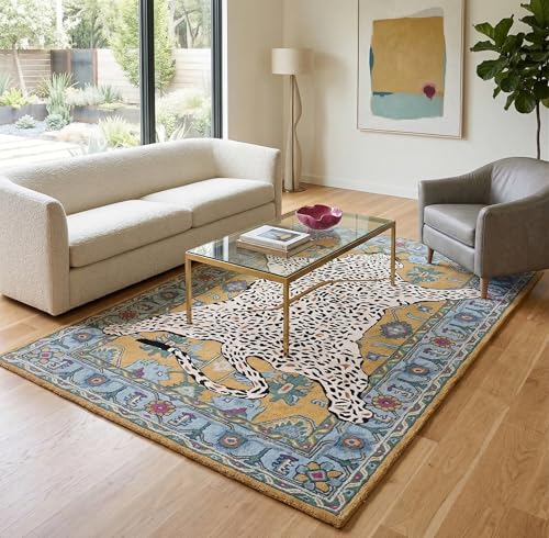 Handmade Leopard Wool Area Rug with Traditional Oushak Motif – Exquisite Animal Print Cheetah Rugs for Living Room, Bedroom | Plush Texture, Vintage Style, Thick & Durable Carpet (Blue, 8' x 10')