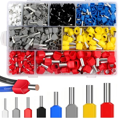 Bohoray 850 Stück Twin Aderendhülsen Set, 0,5-10 mm² Isolierte Aderendhülsen Sortiment, Bunt Zwilling Kabelendhülsen mit Adernhülsenbox, Zwillingaderendhülsen Set für Drahtverbindung