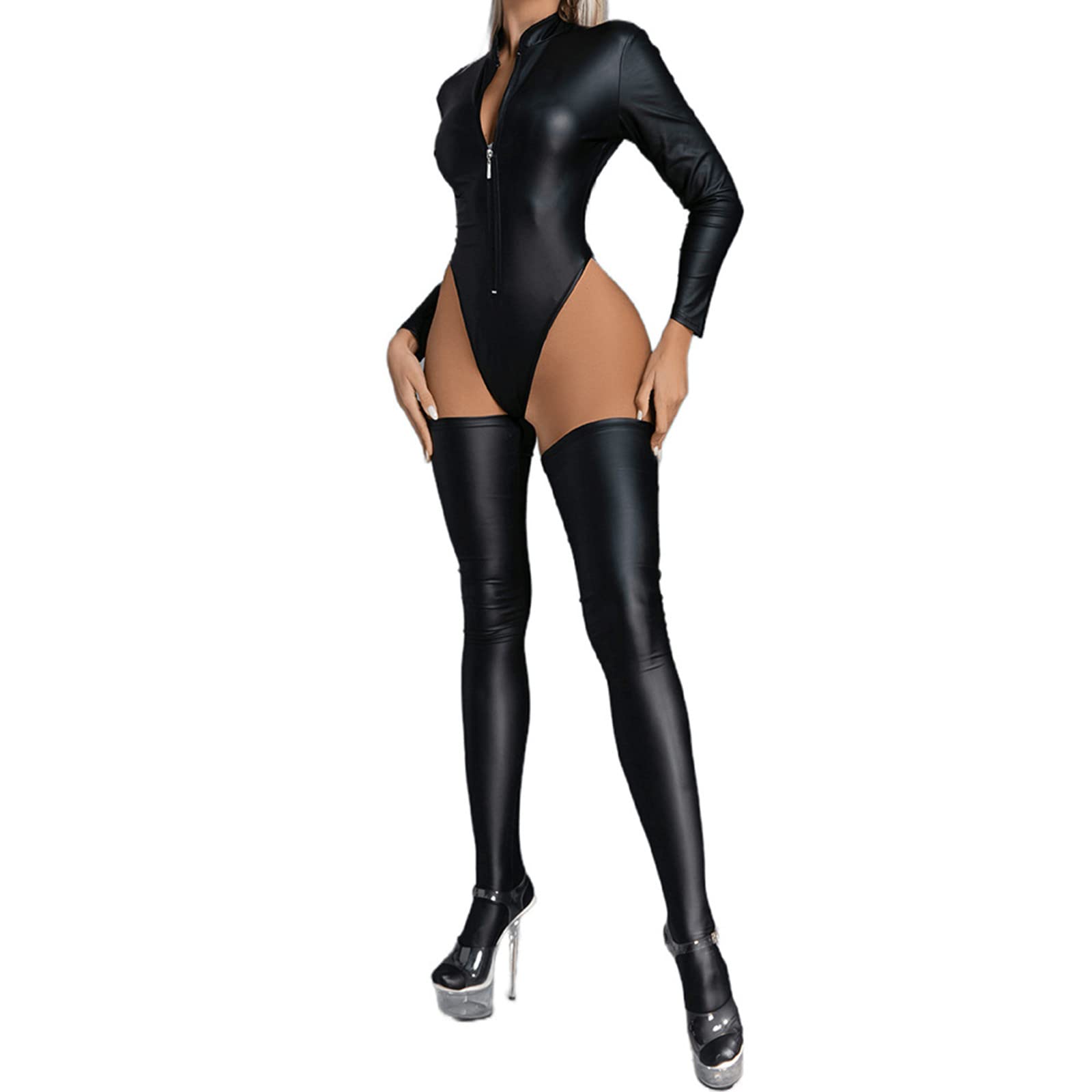 Laqué Corset Femme Grande Taille Haute Élastique PU Clair Huile Lumineuse Boîte De Nuit Fermeture Éclair Manches Longues Collants Lingerie Sexy Séduire, Noir , XL