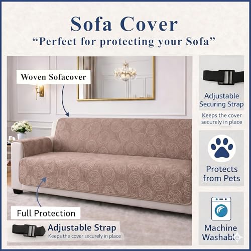 Image of STITCHNEST 'Opulence Series' Floral Woven Sofa Cover for 3 Seater | Premium Soft Fabric Sofa Protector | Beige Circular Pattern with Tassel Edge Finish | Durable Living Room Furniture Cover